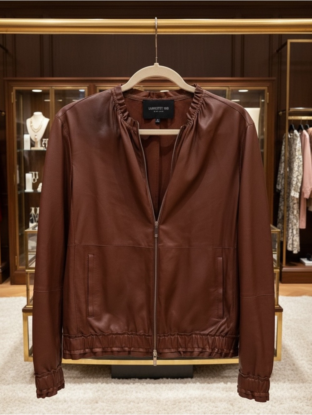 Lafayette 148 New York brown lambskin Leather Zip-Front Jacket size s